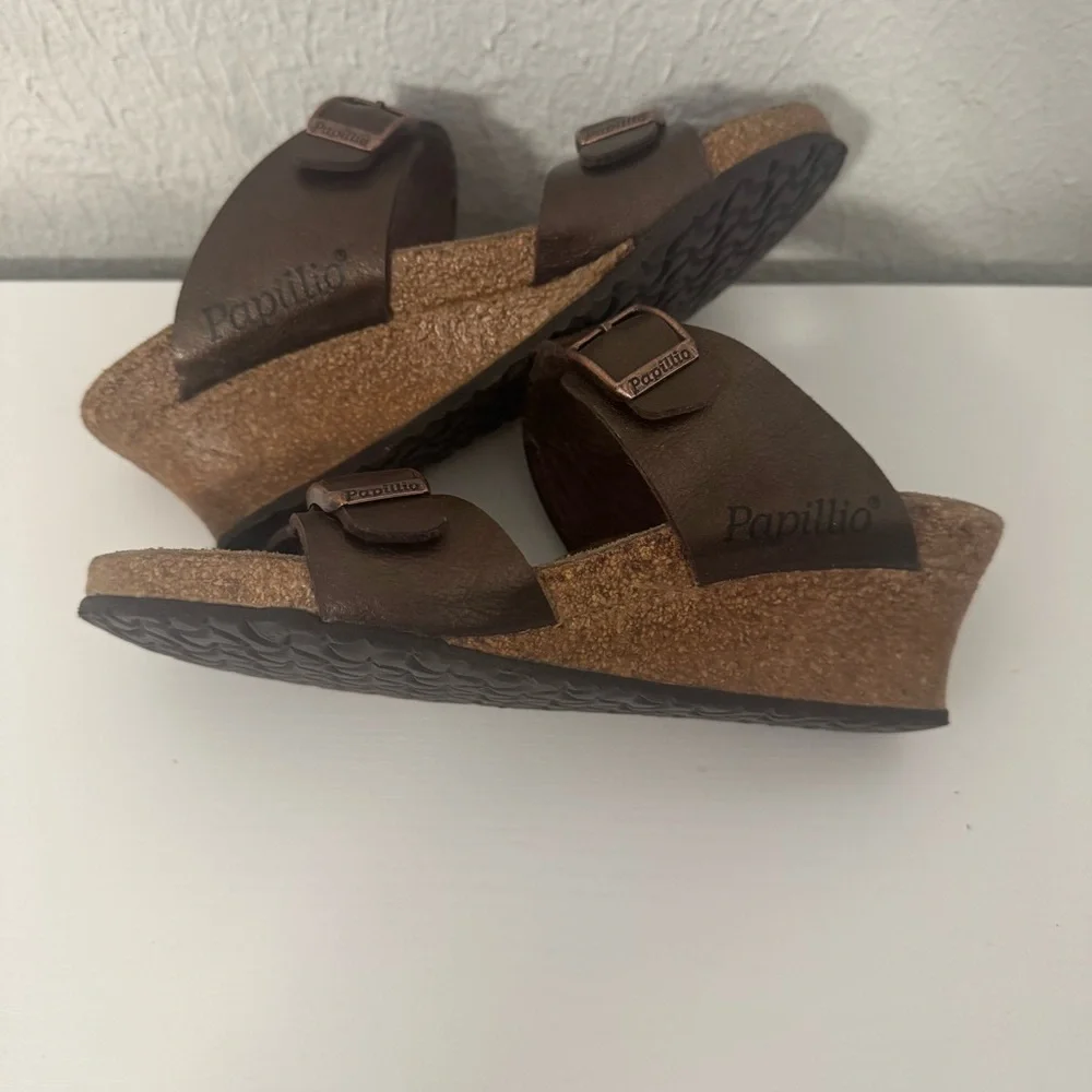 Birkenstock Dorothy Papillio 6-6.5 Brown Cork Wedge Slide Sandals  Dual Straps